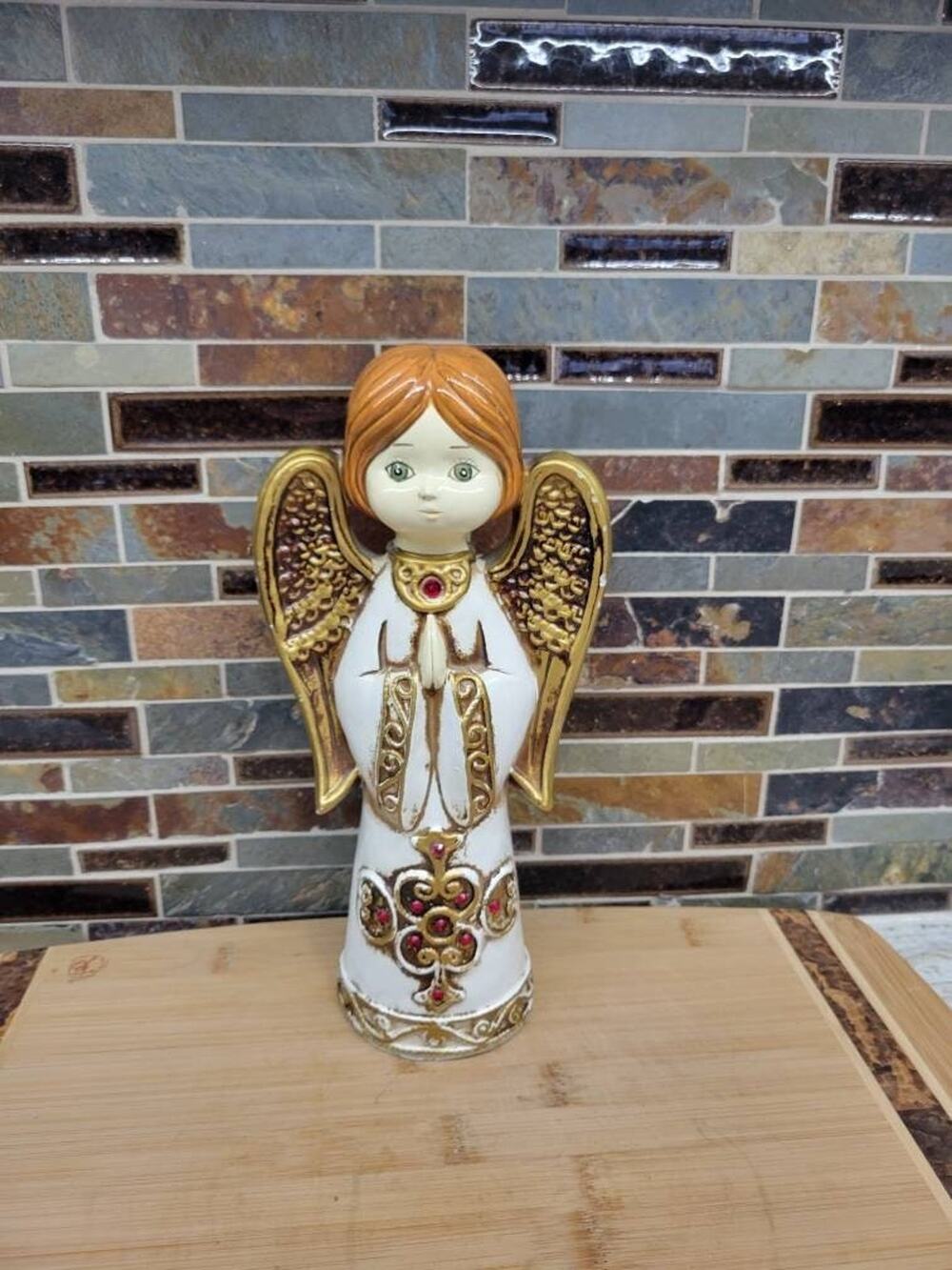 Vintage Ardco Paper Mache Angel Figurine Big Eye Rhinestone 10.5" Japan MCM